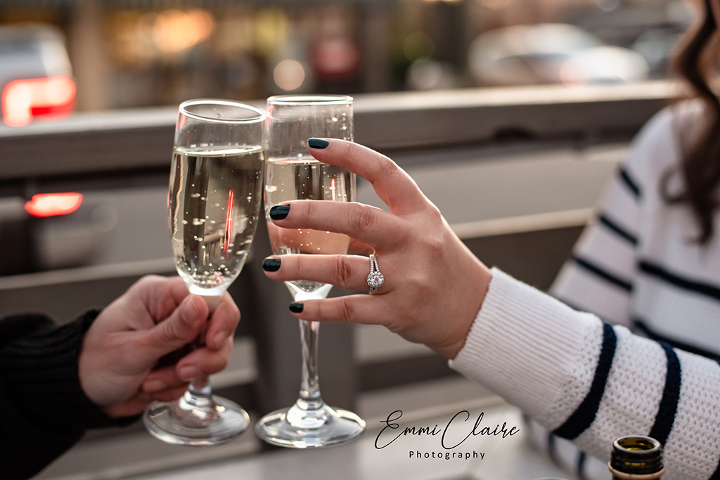 Engagement photography; champagne toast engagement