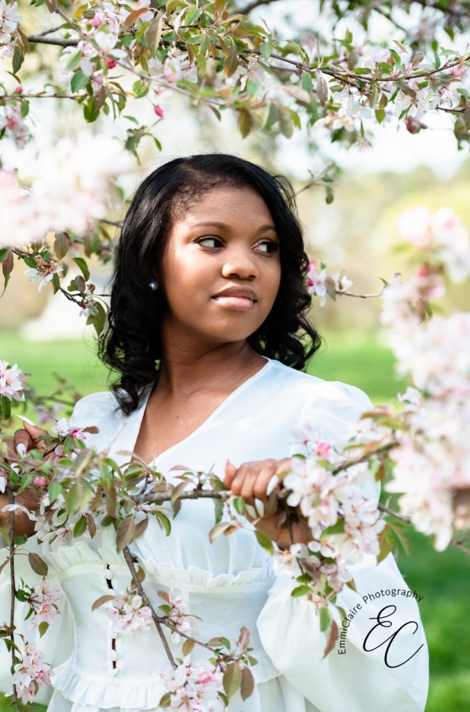 Young woman in a white dress poses behind the branch of a cherry blossom tree during her senior portrait session