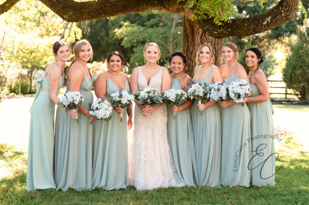 bride stands underneath a large tree at Poplar hill in her wedding gown surrounded by her seven bridesmaids in their sea foam colored bridesmaid dresses