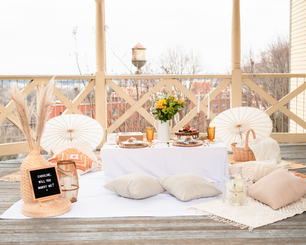 A beautiful boho picnic setup under a gazebo at Libby Hill Park overlooking historic Richmond, VA. A low picnic table is set up with a vase of flowers and gourmet charcuterie, surrounded by cozy pillows and rugs. 