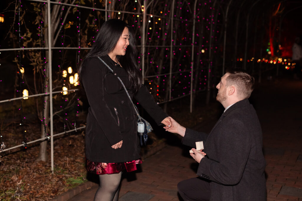 Kevin proposing to Terri at Lewis Ginter GardenFest of Lights, surrounded by sparkling holiday lights, captured by EmmiClaire Photography.