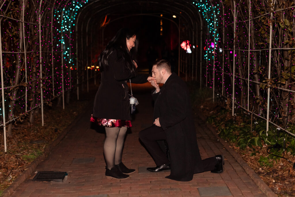 Kevin proposing to Terri at Lewis Ginter GardenFest of Lights, surrounded by sparkling holiday lights, captured by EmmiClaire Photography.