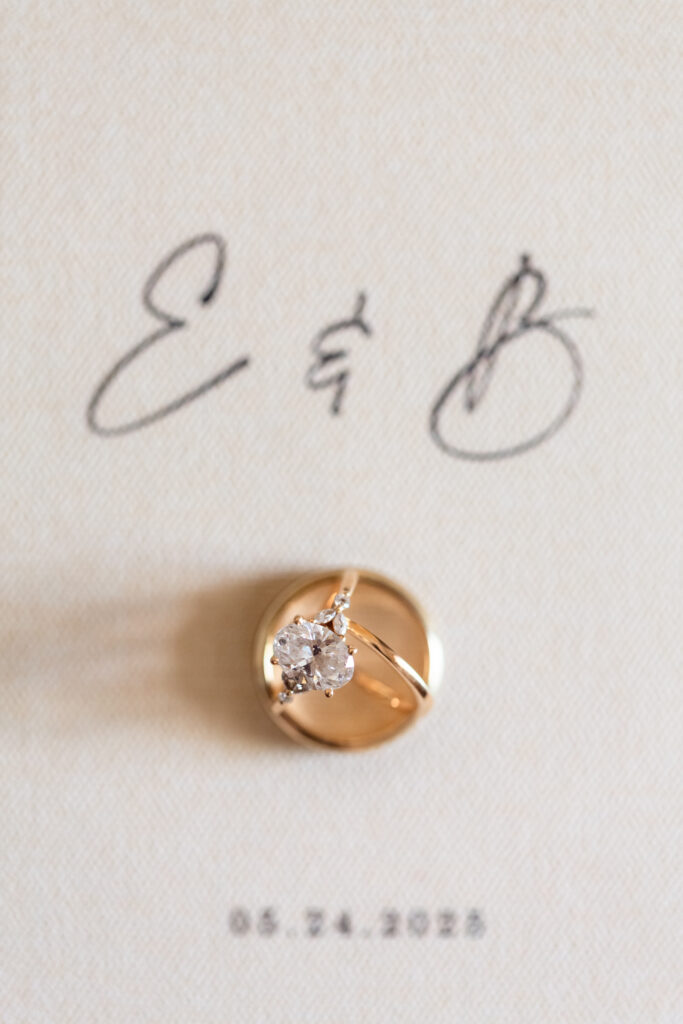 Bride and groom rings with the date and initials.
