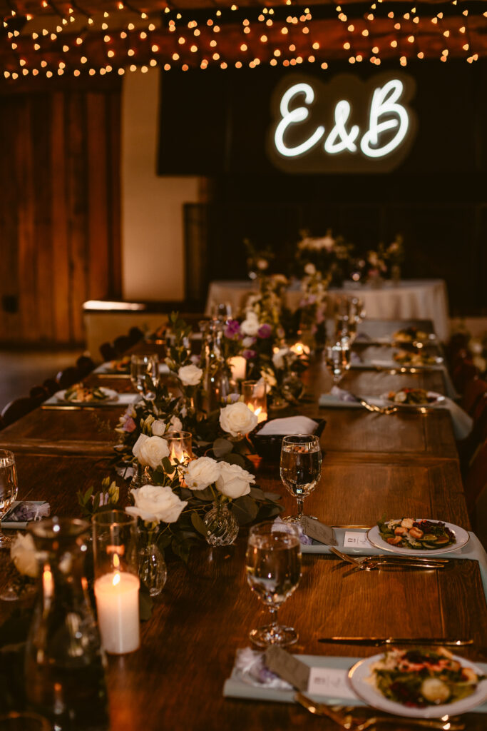 wedding dinner setup under string lights at montfair resort farm