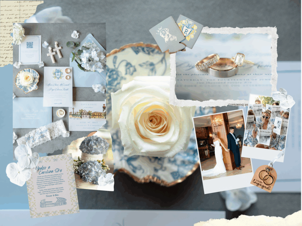 Detail shot of light blue hydrangeas and wedding rings