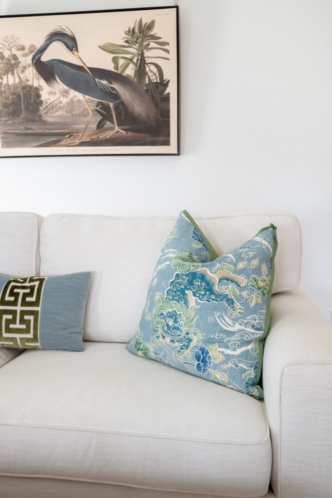 Modern home interior with blue and white decor during branding photography session.