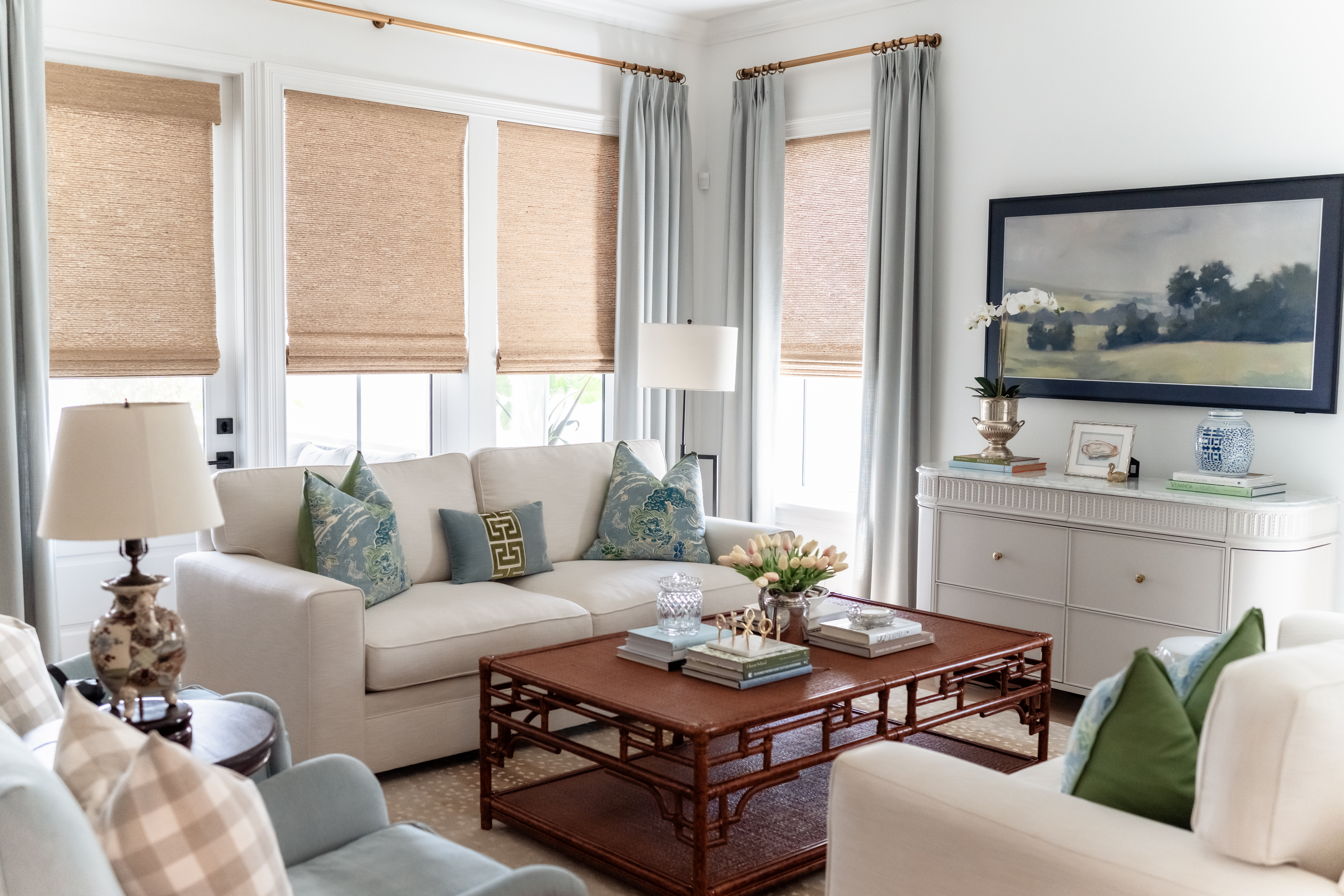 Interior design branding session showing bright natural light through linen drapes.