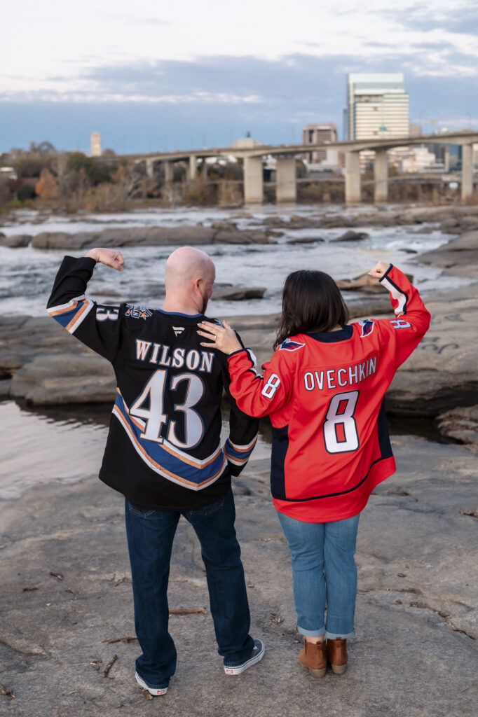 couple wearing jerseys engagement session richmond virginia