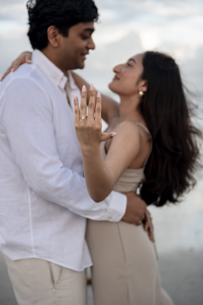 Close-up of engagement ring after a Crescent Beach proposal.