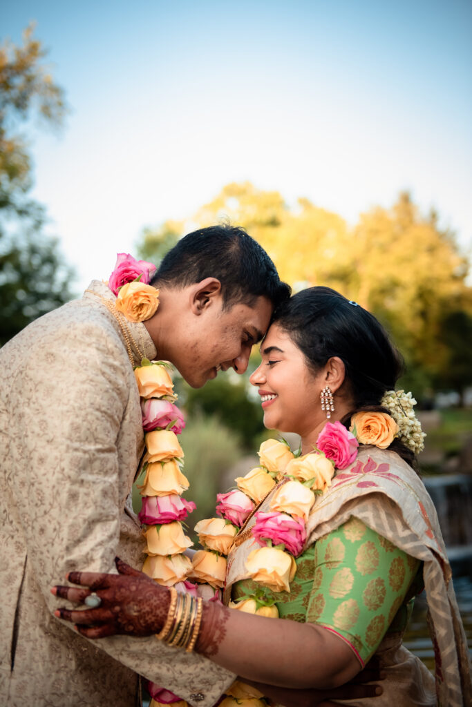 Bride and groom sharing a quiet moment after their wedding ceremony.