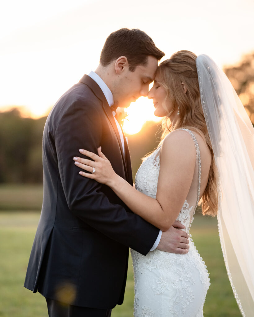 Romantic wedding portraits at sunset.