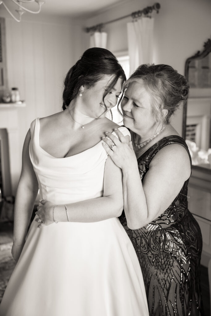 Bride smiling during wedding day preparations.