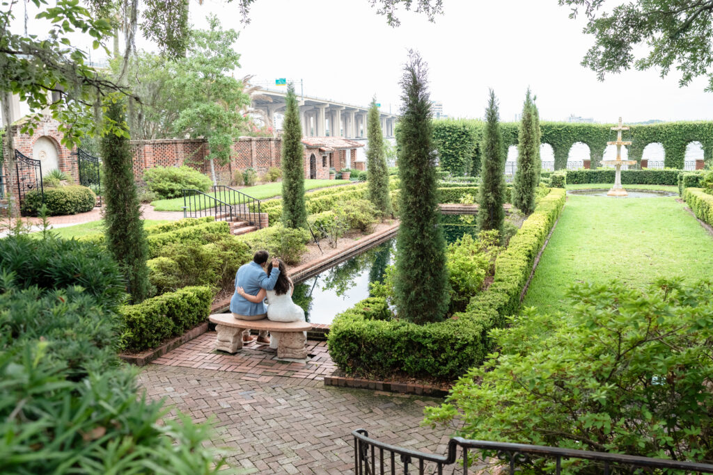 Couple overlooking the Cummer Museum gardens after their proposal